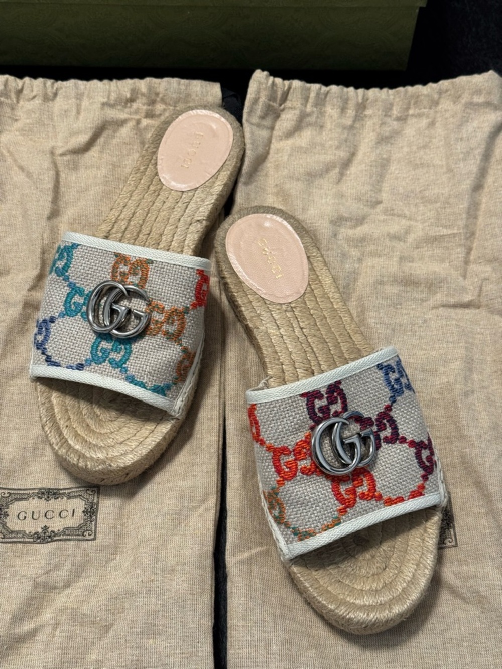 GUCCI GG Matelassé Blue Linen Espadrille Sandals - Picture 2 of 5